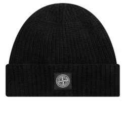 Stone Island Ribbed Geelong Wool Beanie - Black